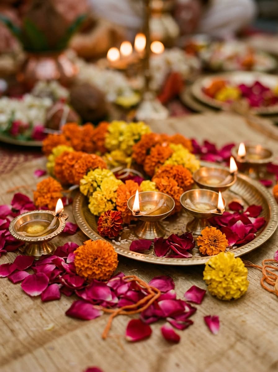 Marigold garlands prepared for the ceremony